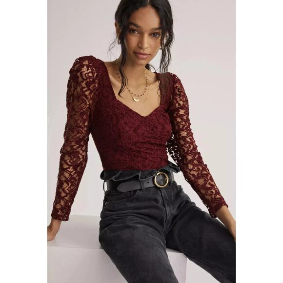Anthropologie Tops - 🍷 Anthropologie Burgundy Romantic Lace Sleeve Sweetheart Blouse 🍷